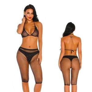 2 PC Rhinestone Mesh Triangle Bra & Biker Short